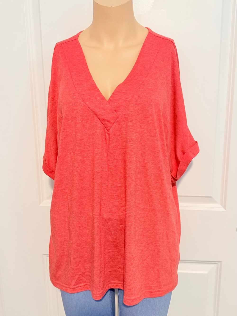 Relaxed V-Neck Tunic Top in Watermelon Red